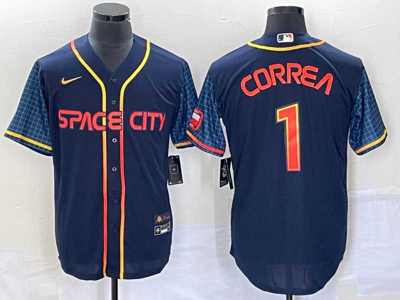 Men%27s Houston Astros #1 Carlos Correa 2022 Navy Blue City Connect Cool Base Stitched Jersey->houston astros->MLB Jersey